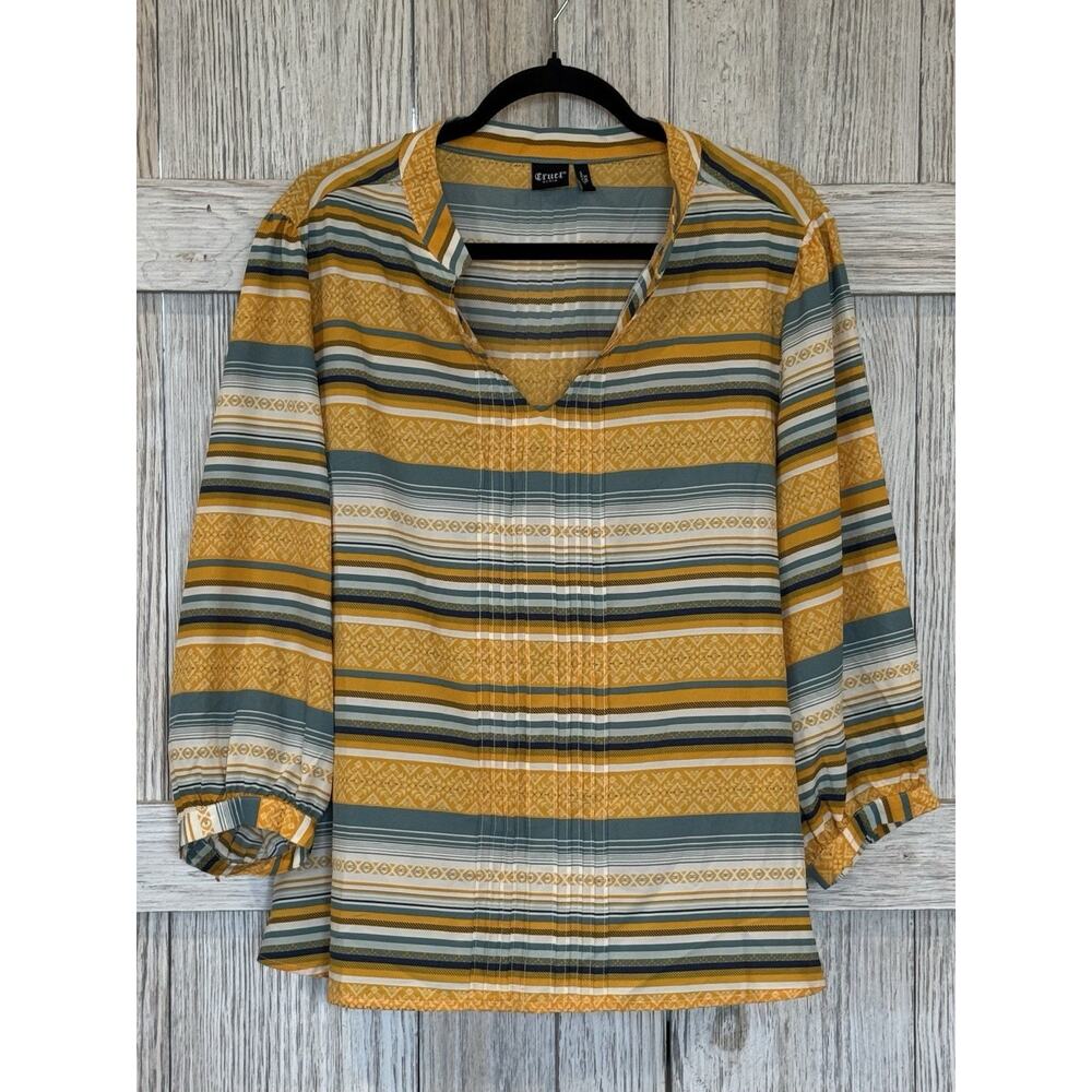 Cruel Denim Shirt Women's XXL 3/4 Sleeve Poly Blend Southwestern Yellow Blue